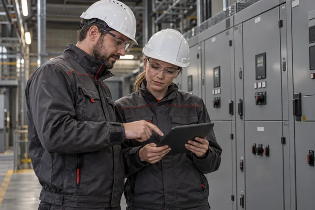 Ilustracja AI: dwoje elektryków omawia dokumentację przy rozdzielni