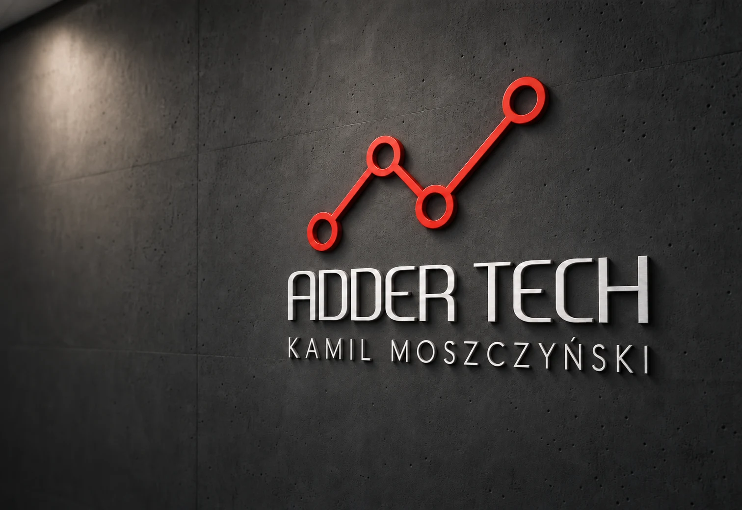 Wizualizacja firmowego logo ADDER TECH KAMIL MOSZCZYŃSKI na grafitowej ścianie