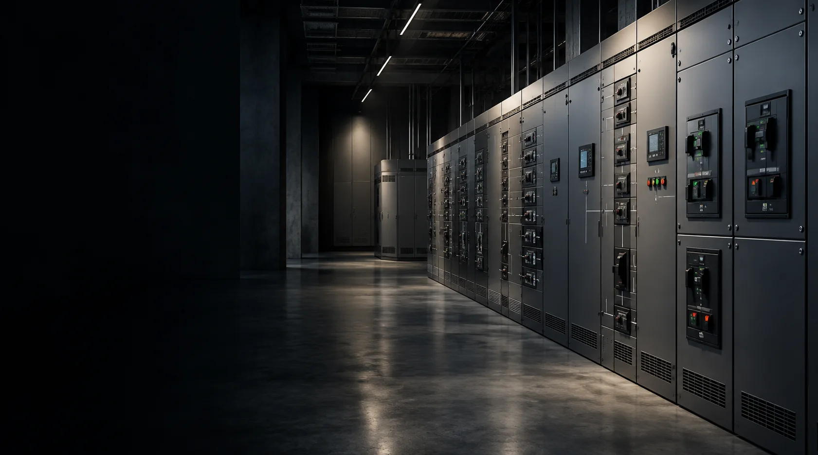 Wnętrze rozdzielni elektrycznej — wizualizacja branżowa