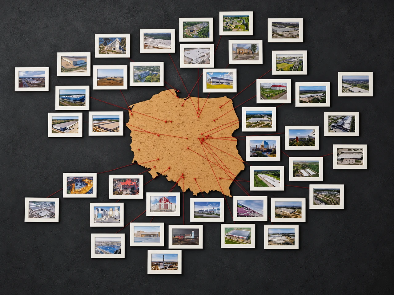 Mapa Polski z fotografiami obiektów w ramkach i czerwonymi połączeniami — graficzne opracowanie zdjęcia firmowej ściany realizacji